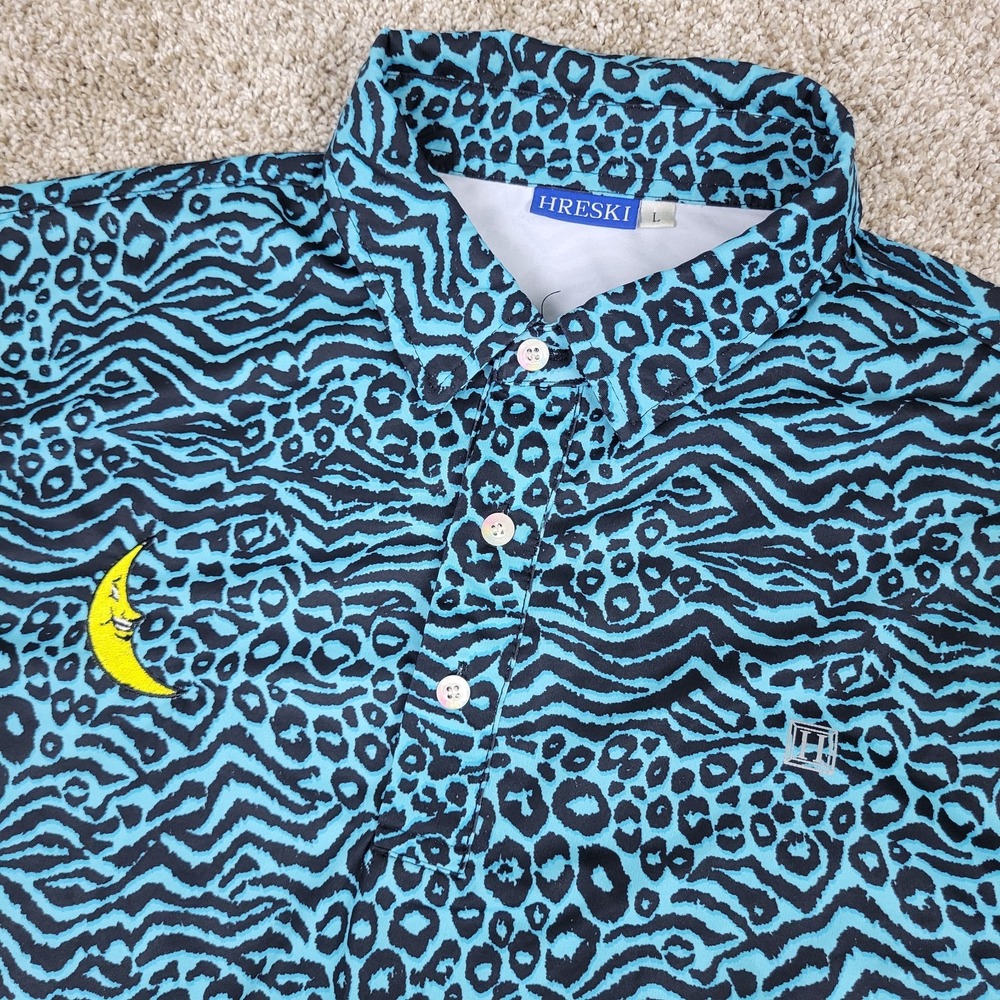 HRESKI Mens Large Black Blue AOP Leopard Print Performance Stretch Golf Polo